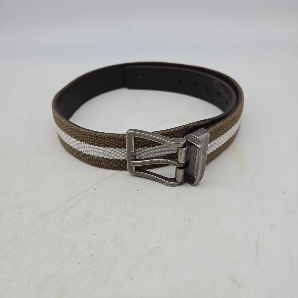 Structure Belt Brown Leather Beige Stripe Woven Fabric Mens 28 Nickel Buckle